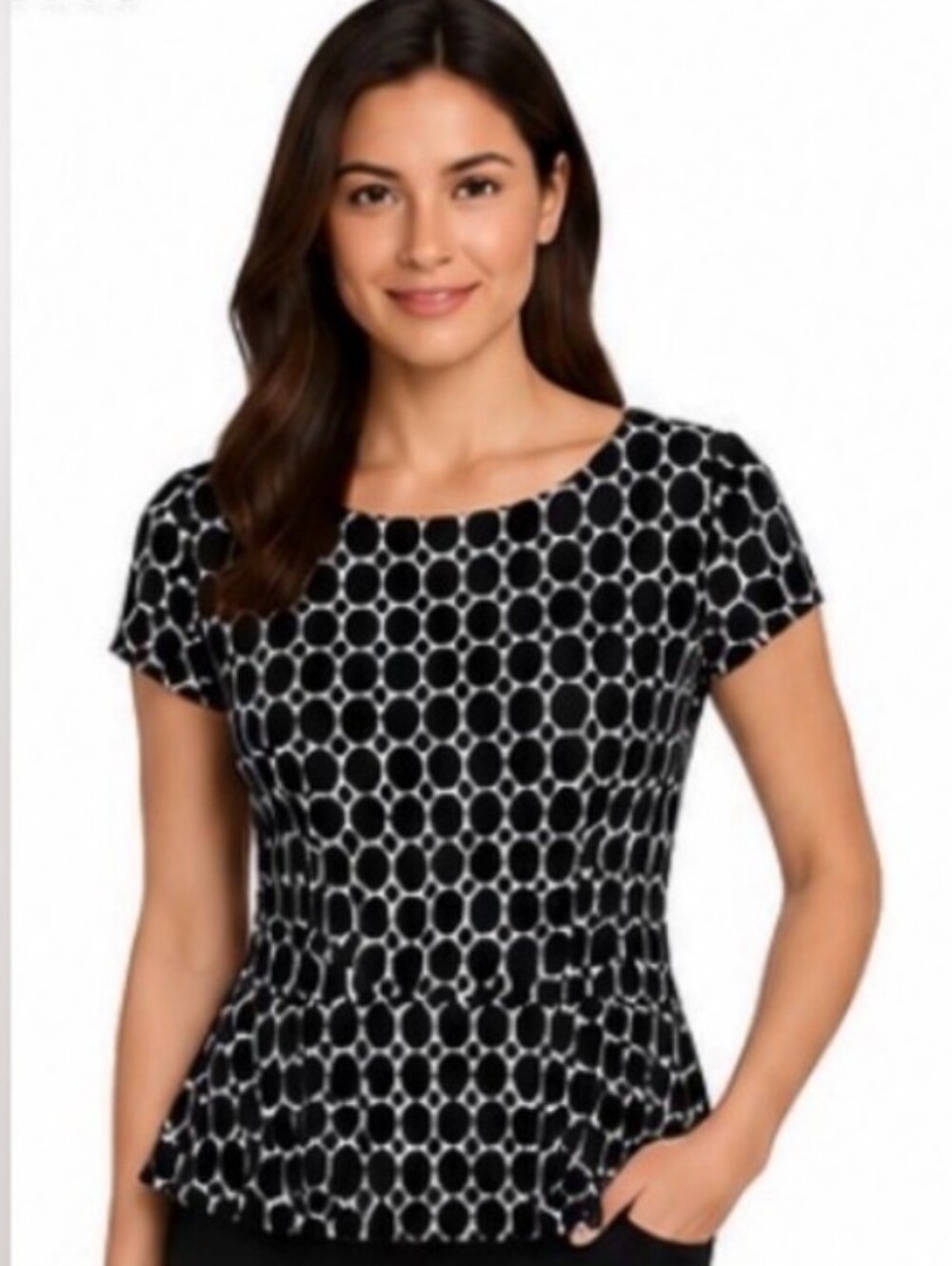 White House Black Market Black & White Circle-Print Peplum Top